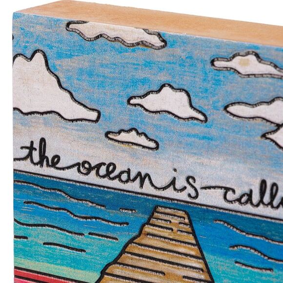 The Ocean is Calling Pier Sunshine Blue Water Wood Block Tier Tray Sign - Picture 2 of 7